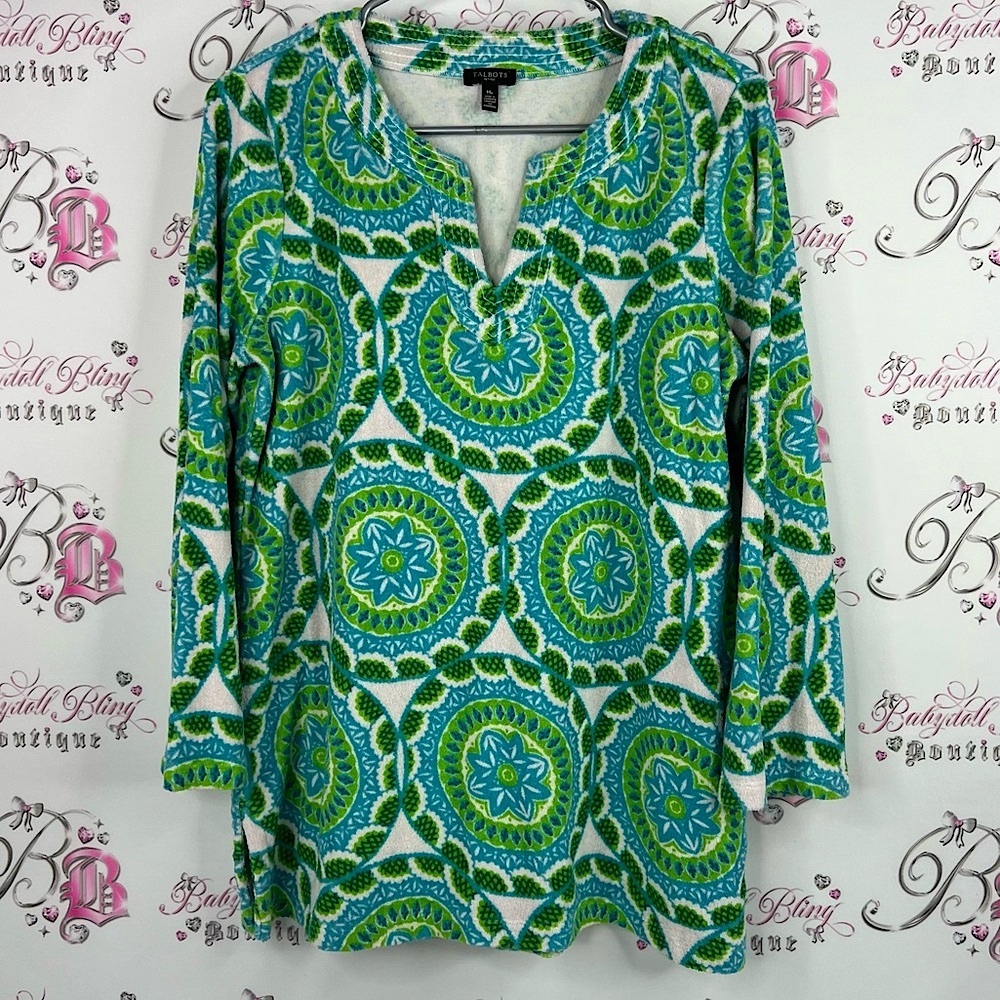 Talbots terry cloth towel green coverup long sleeve Green Blue Patterned Tunic